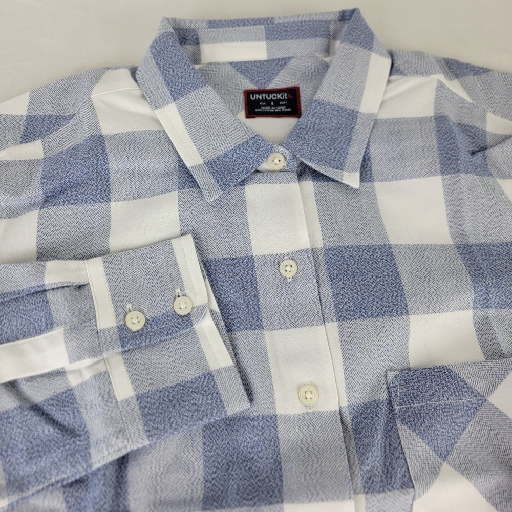 UNTUCKit Volnay Womens Button-Down Shirt Blue White Plaid Long Sleeve Sz 4 NEW